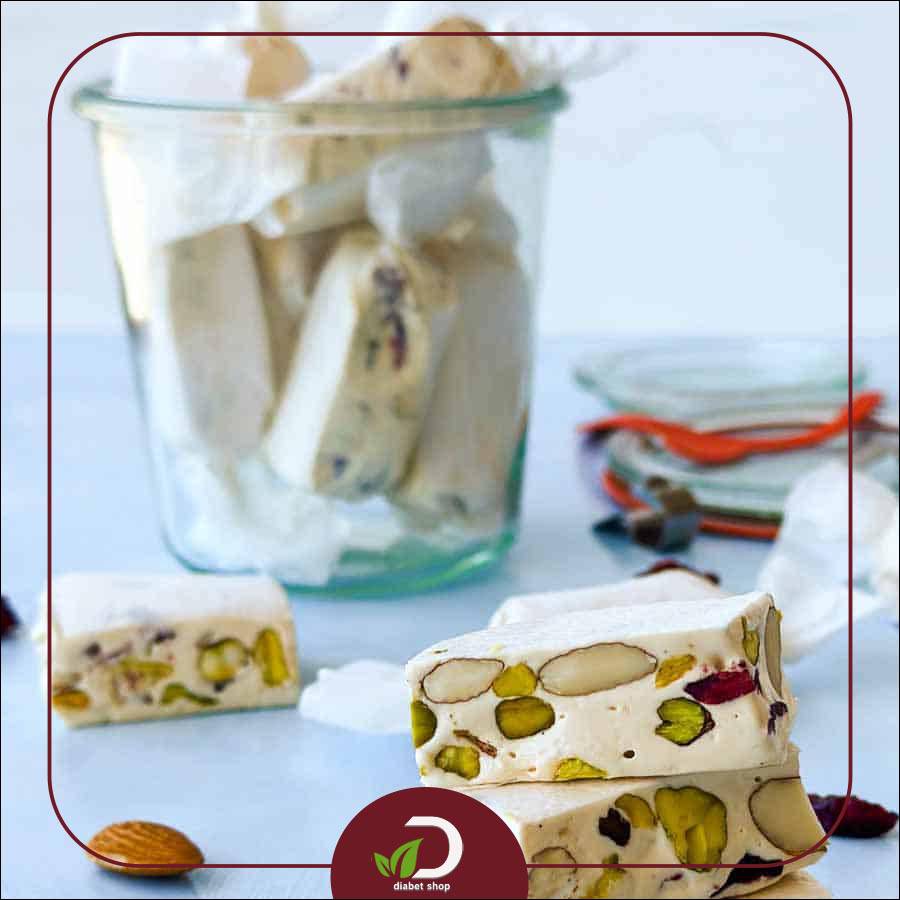 گز بدون قند ۲۸ درصد مغز پسته و بادام با طعم زعفران حاوی استویوزید دکتر استویا