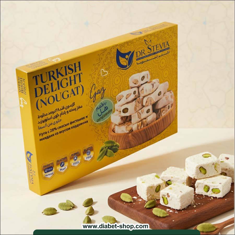 گز بدون قند ۲۸ درصد مخلوط مغز پسته و بادام حاوی استویوزید با طعم هل دکتر استویا 