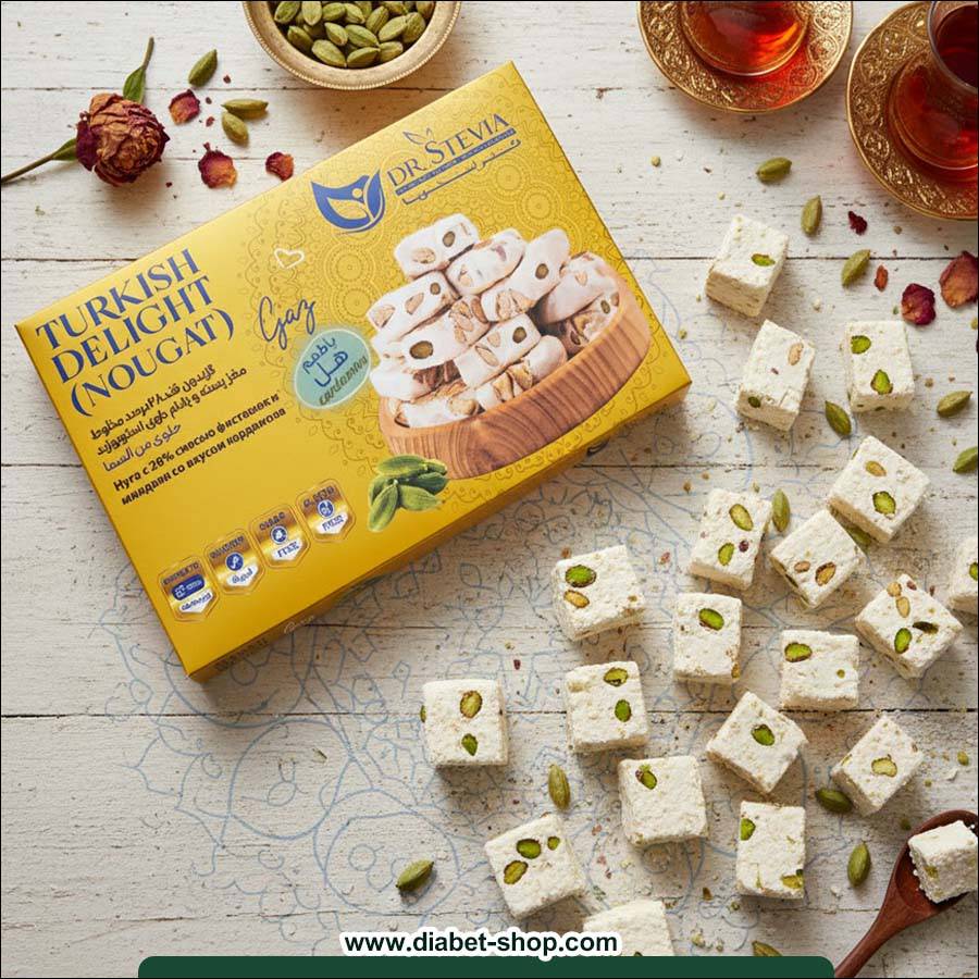 گز بدون قند ۲۸ درصد مخلوط مغز پسته و بادام حاوی استویوزید با طعم هل دکتر استویا 