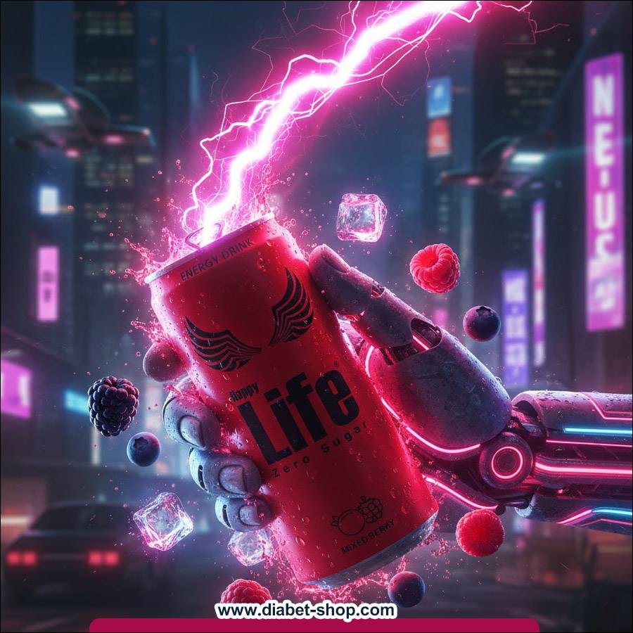 نوشابه انرژی زا بدون قند با طعم میکس بری هپی لایف