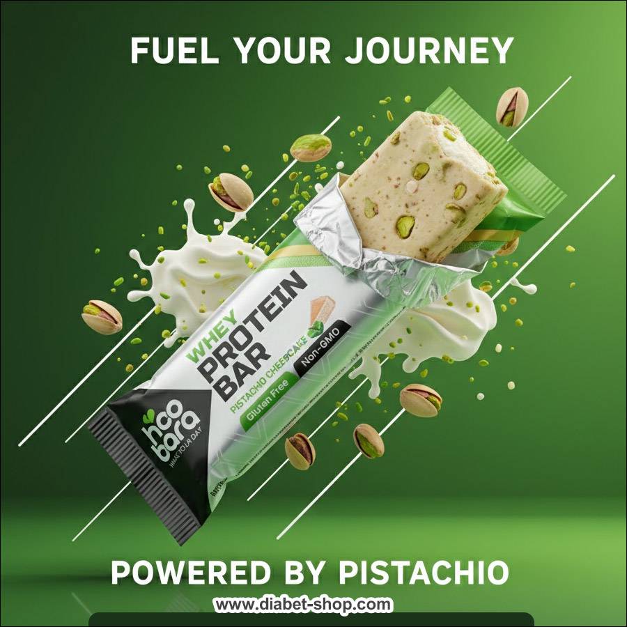 پروتئین بار بدون قند و گلوتن با پروتئین وی چیزکیک پسته هوبارا