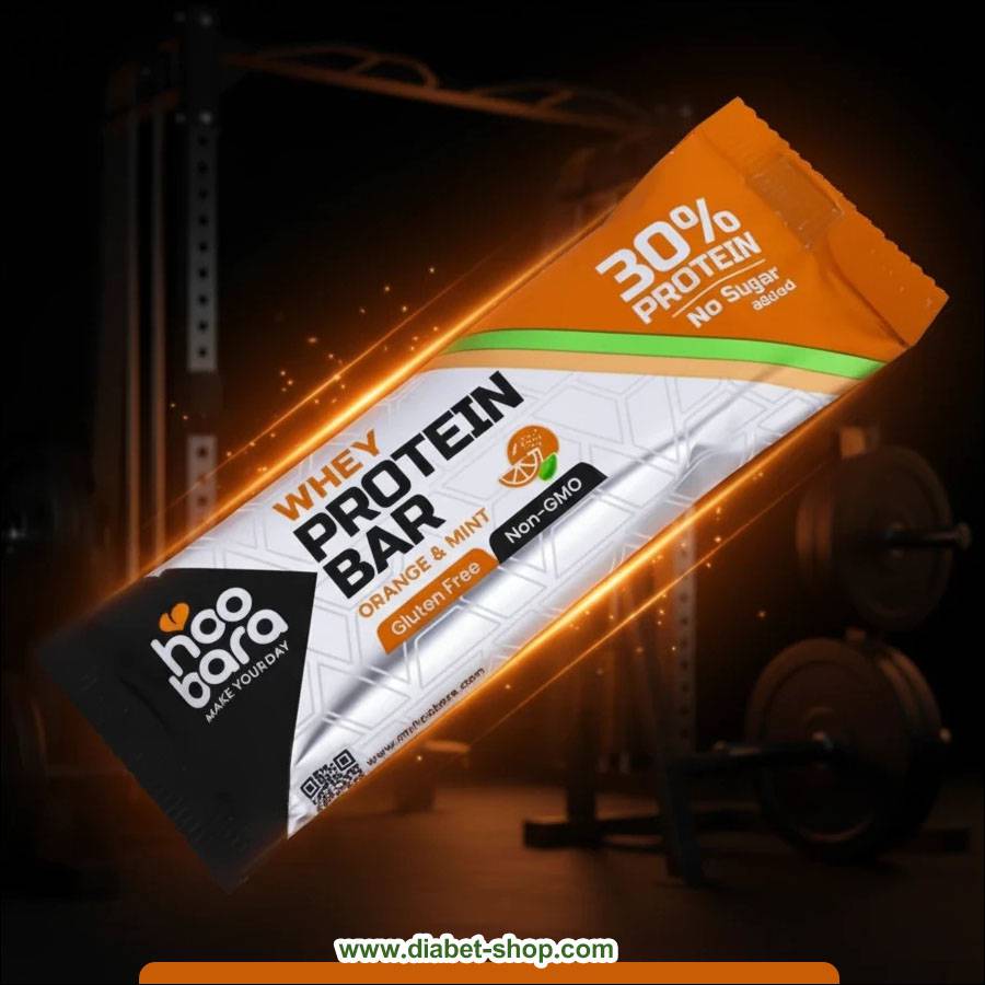 پروتئین بار بدون قند و گلوتن با پروتئین وی پرتقال نعنا هوبارا