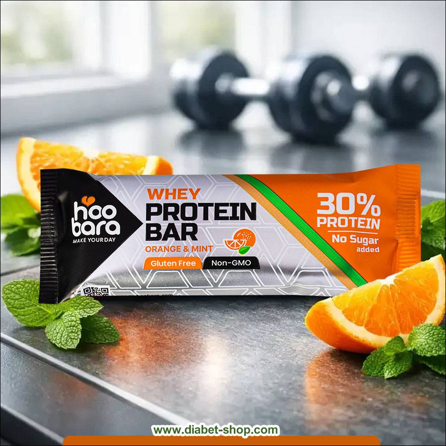 پروتئین بار بدون قند و گلوتن با پروتئین وی پرتقال نعنا هوبارا