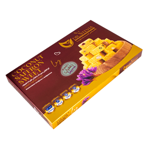 لوز نارگیلی بدون قند زعفرانی حاوی استویوزید دکتر استویا 300 گرمی